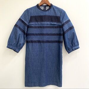 Banana Republic denim crochet lace shift dress balloon sleeves pockets size 4